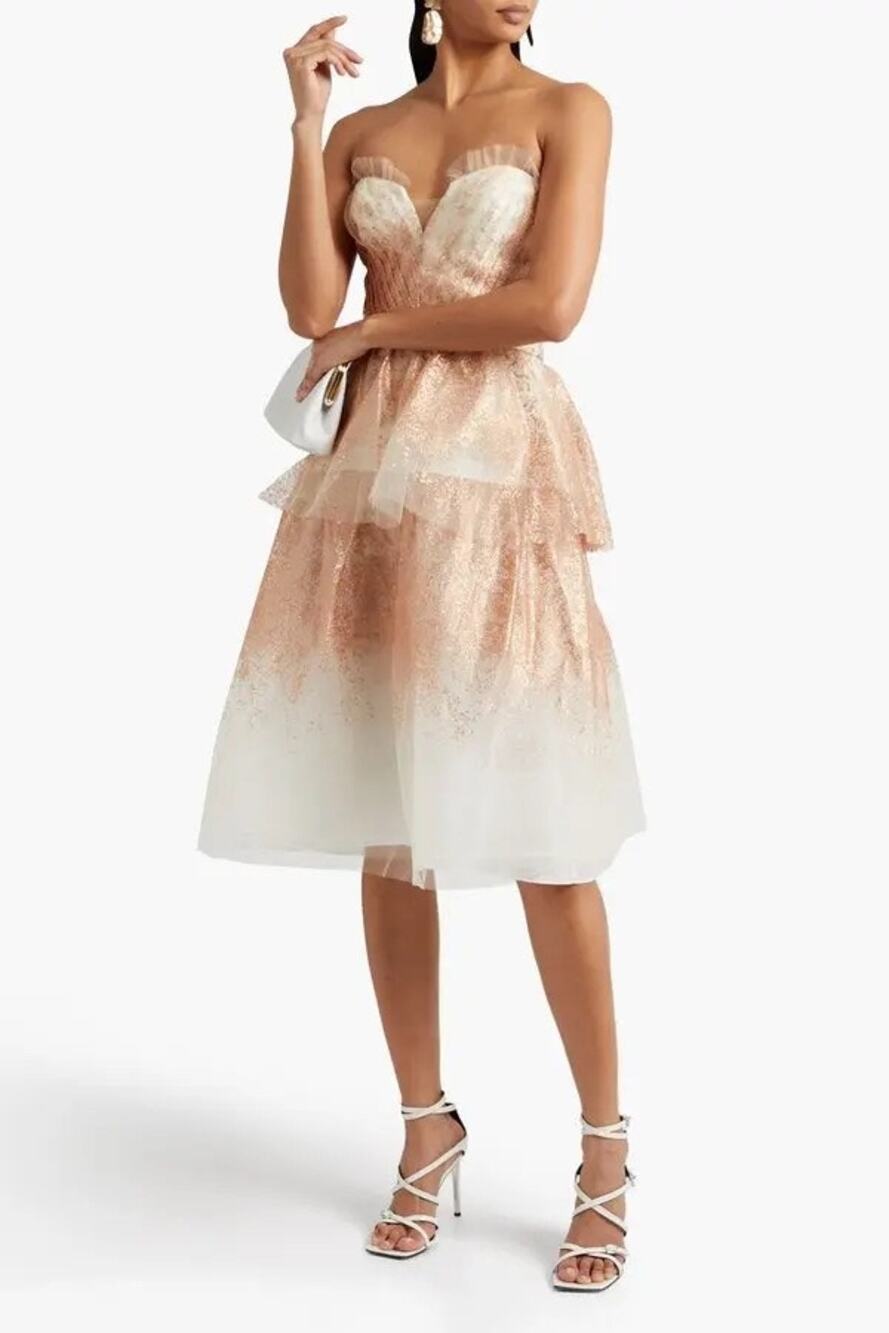 MARCHESA NOTTE Cream Gold Glittered Tulle Strapless Pleated Midi Dress sz 10 NWT